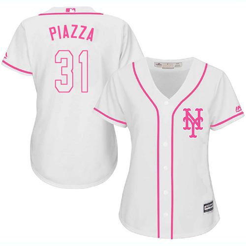 Mets #31 Mike Piazza White/Pink Fashion Women's Stitched MLB Jersey - Click Image to Close